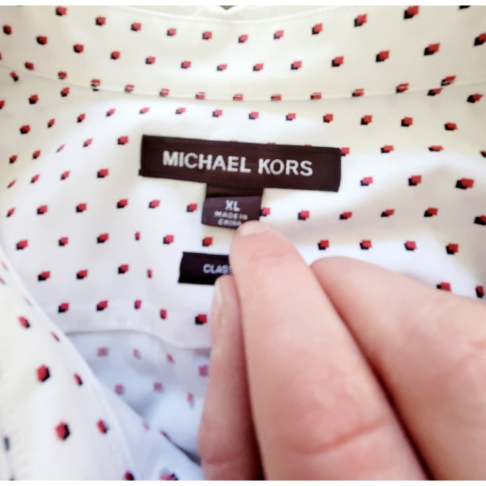 Michael Kors Classic Fit Men's Button Up Shirt XL White W Red/Black Dots Extra L